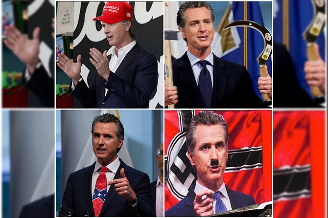 The liquid-metal, shape-shifting governator, clockwise from upper left: That Trump-loving MAGA tool Newsom lays out his plan to start re-opening California, sacrificing who knows how many vulnerable lives for the sake of economic recovery. It’s a wonder he didn’t begin by citing El Trumpo’s “THE CURE MUST NOT BE WORSE THAN THE DISEASE!” That commie socialist apparatchik Newsom insisting that for some reason, it’s okay to take millions of tax dollars from hardworking Californians and hand them out to ILLEGAL immigrants, rewarding them for their lawlessness even as record numbers of law-abiding citizens face unemployment and financial disaster. That fascist, authoritarian monster Newsom, imprisoning people in their homes for a month and then punishing them for celebrating their first taste of freedom by closing the Orange County beaches almost as soon as they were opened. That rebellious, anti-Federal scalawag Newsom, moving to end the hard lockdown before his state has met CDC guidelines for doing so. Next, he’ll start pointing out how those noxious Yankees from New York stirred up all this trouble by spreading the disease from sea to shining sea!