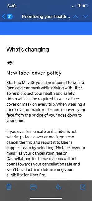 Face coverings for all Uber occupants.