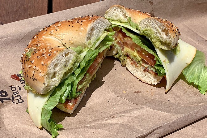 New York-style everything bagel made into a So Cal style sandwich: BLT with avocado