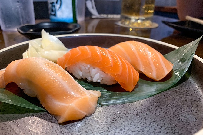 Left to right: salmon belly, ocean trout, and Scottish salmon nigiri