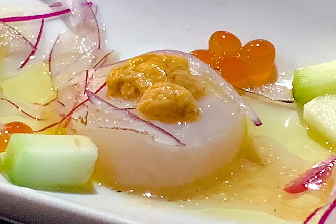 Scallop and uni in truffle oil with salmon roe