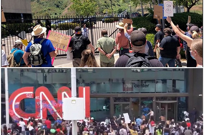 1. Top picture has unvandalized network logo and intact windows. 2. Top photo features network founder respectfully dialoguing with protesters. 3. Network in top photo is upfront about its partisan political allegiance. 4. Network in top photo has not succumbed to violence wrought by the very mob it rushed to defend and even lionize.