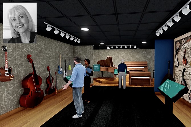 An artist’s rendering of the Museum of Making Music’s new design.; Inset: Museum director Carolyn Grant came to music early and passionately.