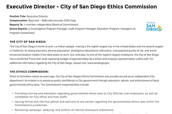 San Diego Ethics Commission has issued a job notice for Stacey Fulhorst’s replacement, with a series of qualifications that differ from Fulhorst’s record.
