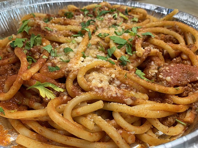 The "grandma's ragu" pasta sauce, served over bucatini