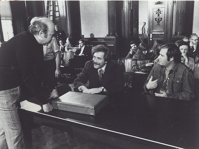 On the set of "Where's Poppa?", 1970.  L to R: Director Carl Reiner, George Segal, Penny Marshall, Rob Reiner