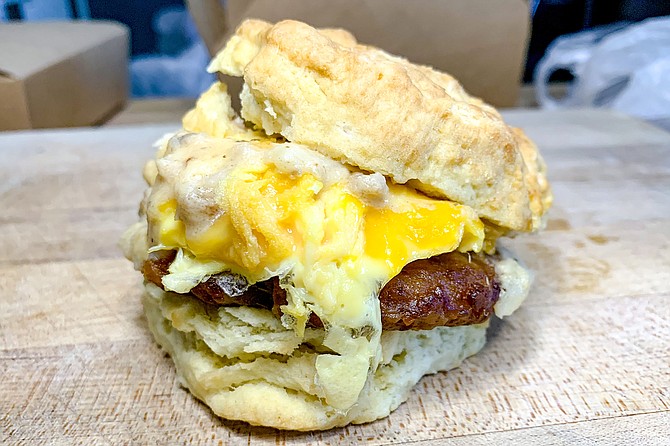 Sunny B biscuit sandwich, with sausage