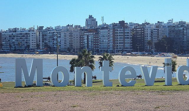 The iconic beachfront Montevideo sign along La Rambla.