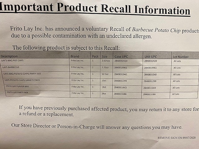 Notice advising of contaminated product