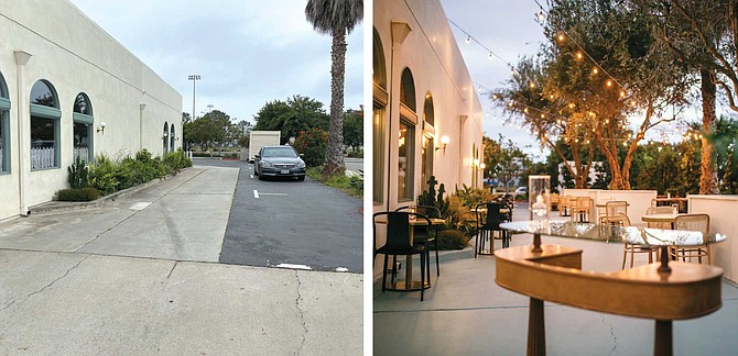 John Resnick, who owns Jeune et Jolie in Carlsbad, says he invested nearly $40,000 to convert the small parking lot [left] on the side of the restaurant into an outdoor dining patio, beautifying the space with finished surfaces, string lights, and plants [right].