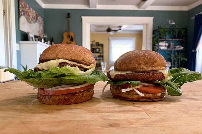 Burger Lounge's grass-fed beef burger (left), and new plant-based burger (right)
