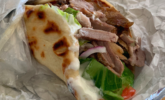 A gyro made with pork, the way they do in Greece
