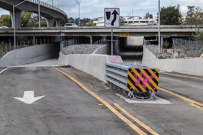 both lanes under State Route 163, Fashion Valley in background