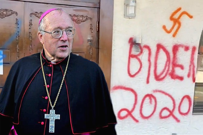 Bishop McElroy, addressing reporters in front of a recently vandalized Chaldean Catholic church in El Cajon. “The swastika is regrettable, of course, especially since my term ‘collaborator’ may cause some to think of those who chose to work with occupying Nazi forces during World War II rather than stand up and resist them. But I think we as a Church would be foolish to ignore such a clear expression of the sensum fidei, the sense of the faithful in our care. Clearly, the people wanted Biden, and what’s more, they wanted the Church to want Biden. Hence the graffiti.”
