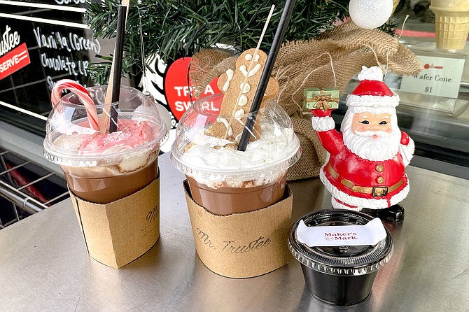Candy cane hot chocolate, marshmallow hot chocolate, and mulled cider