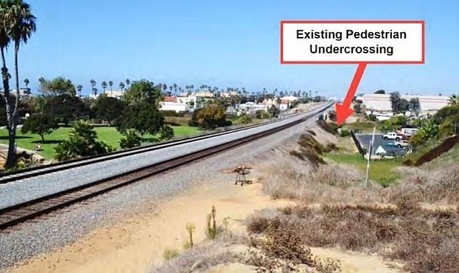 Illegal crossing in Oceanside (in foreground), 400 feet south of legal underpass