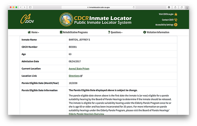 The California Inmate Locator website.