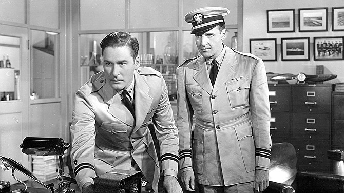 Errol Flynn in Dive Bomber. Shots of the Enterprise, of the naval installations at San Diego, and the catapulting planes proved of great interest to the Japanese.
