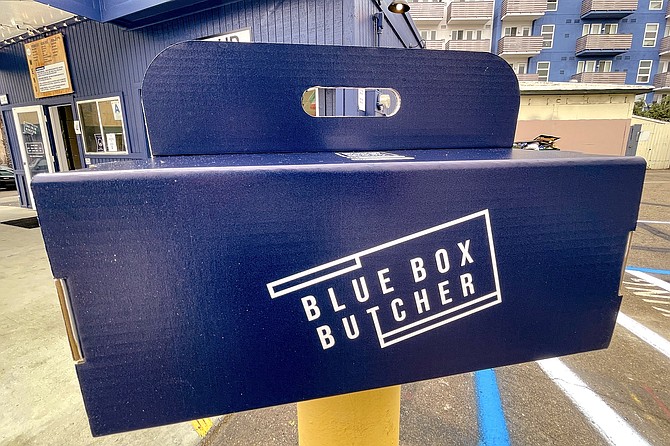 One of the signature blue boxes, packed and ready to pick up