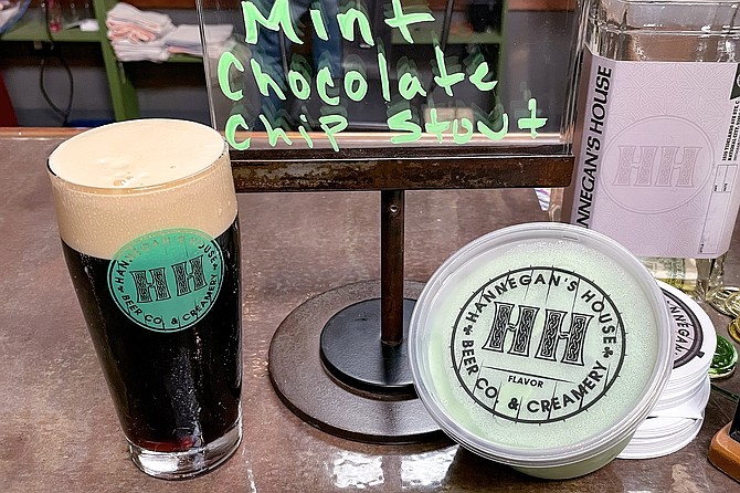 A pint of Irish stout, and a pint of mint chocolate chip stout ice cream made with it