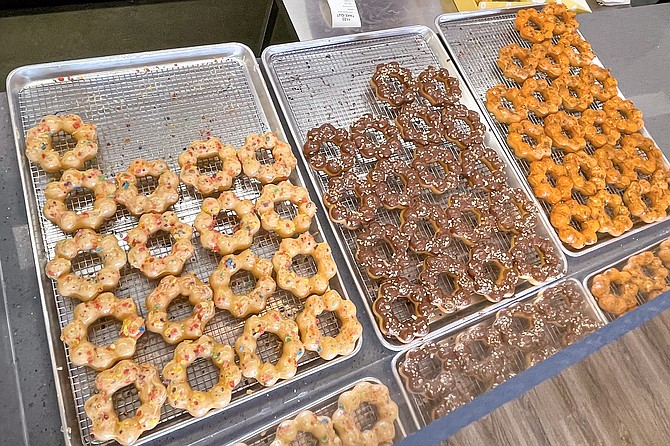 Trays filled with mochinuts: ultra-chewy donuts made with rice flour