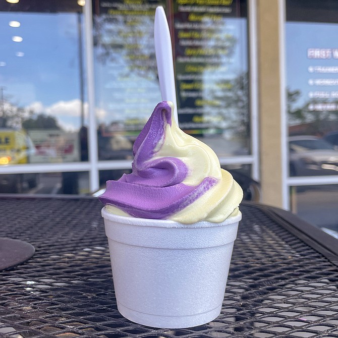 A swirl of ube and avocado frozen yorgurts