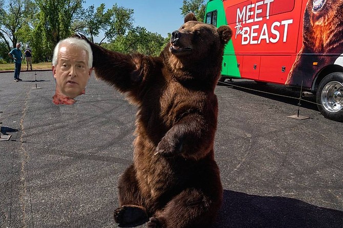 Critics were quick to criticize Rancho Santa Fe resident and gubernatorial hopeful John Cox for his decision to bring a 1000-pound bear to his campaign kickoff event, with some voicing their objections at the event itself. Whether or not Cox took their criticism to heart, it seems unlikely that he will repeat the stunt, since the bear removed his head just minutes into his kickoff speech. “Governor Newsom thought he could poke the bear and get away with it,” said Cox immediately before his demise, poking the bear for illustrative effect. “He thought he could abuse the people of the great state of California and get away with it, locking them down, taking their freedoms, playing with their lives and livelihoods. Well, he can’t, and I’m here toAAIIIIIEEEEEE.”