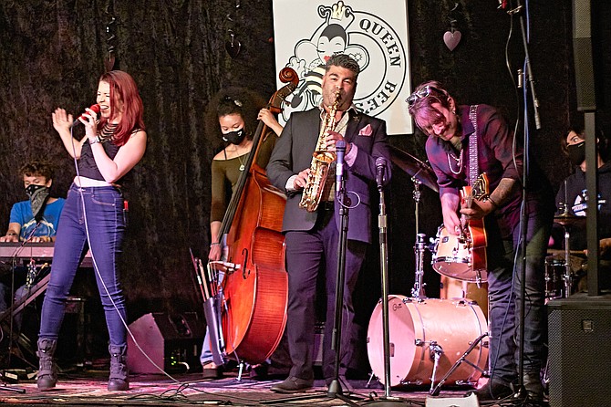 (From left) Joshua Zingale, Whitney Shay, Angelica Pruitt, Charlie Arbelaez, Tom Benzon, and Jack Becker at Jazz Botanika, Queen Bee's weekly jam session for local jazz artists.