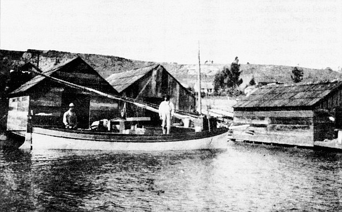 Portuguese fisherman at the foot of Kellogg Street in Point Loma; 1905. Ninety percent of the early immigrants were earning a living from the tuna industry.