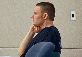 Defendant Dorey looked contemplative while he looked at awful evidence photos. Photo by Eva Knott.