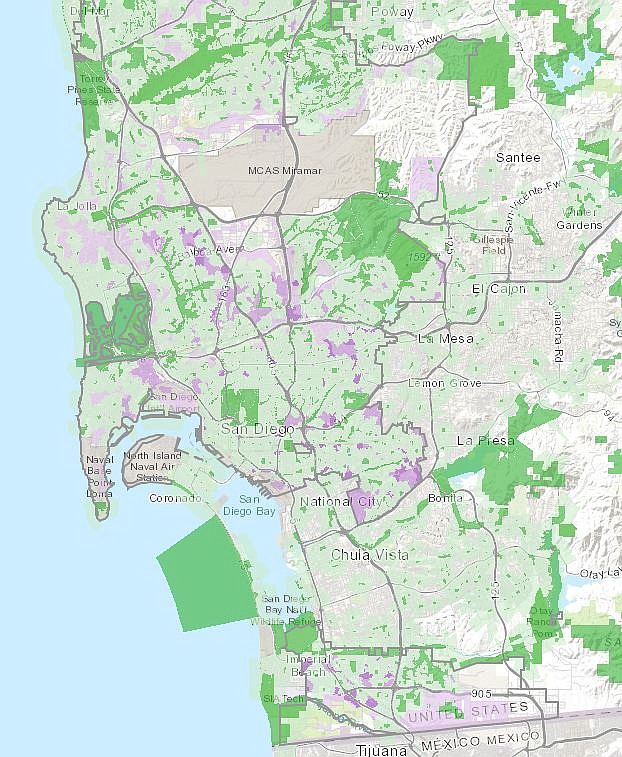 Green - existing parks. Purple - where parks most needed