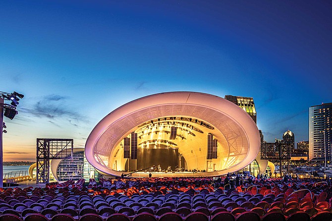The Rady Shell sits at Embarcadero Park South, commanding views of the Coronado Bridge, the harbor, and the San Diego skyline.