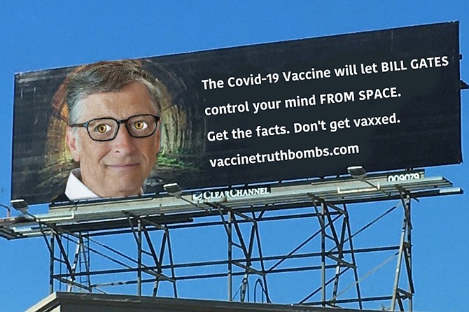 Above, just one of the many billboards placed around San Diego in an effort to reach the vaccine-hesitant African-American community. Below, one of several followup billboards designed to reach a...different vaccine-hesitant demographic. “We’re not telling them anything they don’t already believe,” says Spiracy.