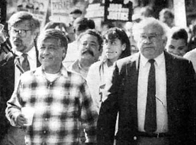 Cesar Chavez and Ed Asner join hands in 1990 to support U-T newspaper guild