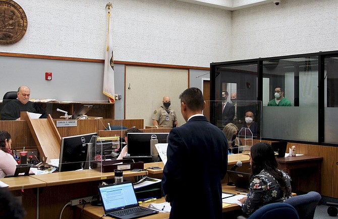 Judge Armour, prosecutor Watanabe, defendant Flores in court today. Photo by Eva Knott.