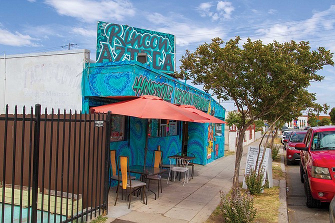 Vibrant blue and green Aztec-inspired murals call attention to the storefront of Rincon Azteca, and it’s a good thing; otherwise, it might blend in with the houses on its mostly residential block in a corner of town encircled by trolley tracks and freeways.
