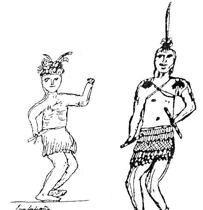 Tac made this drawing depicting two young men wearing skirts of twine and feathers with feather decorations on their heads, rattles in their hands, and (perhaps) painted decorations on their bodies.