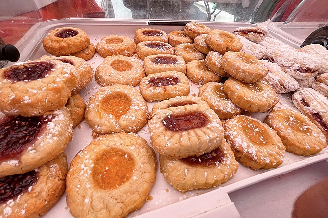 Butter cookies with (left to right) raspberry, lemon custard, strawberry-balsamic vinegar, and apricot