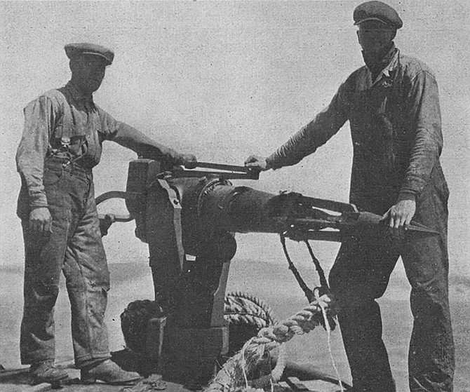 Harpoons were fired from swiveling guns mounted on the boat, causing the whale to submerge and make a direct course for the open ocean, dragging the boat behind it. Eventually, it would tire and come to the surface to breathe, and the crew would haul it in close enough to fire bomb lances.