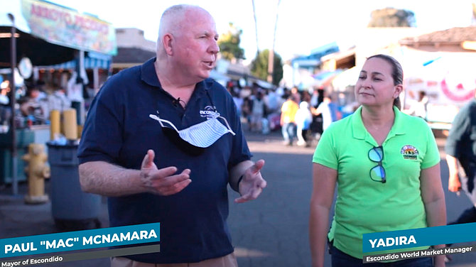 The channel features a video of McNamara promoting the Escondido World Marketplace.