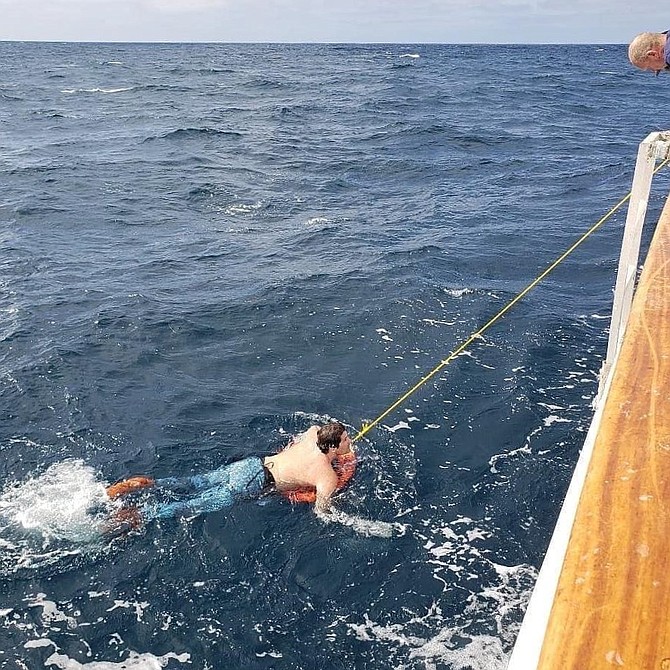 After spending over four hours adrift at sea, missing free diver Alexandro Crosthaite is pulled aboard the Ocean Odyssey.
