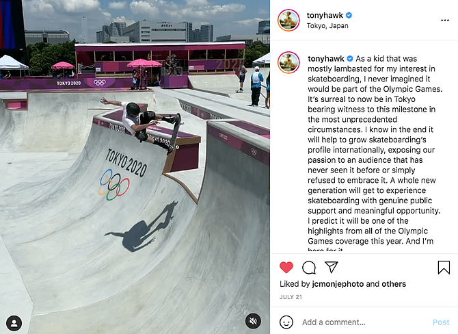 Tony Hawk, 53, was one of the first to try out the park course at the Ariake Urban Sports Park before the street competition kicked off.