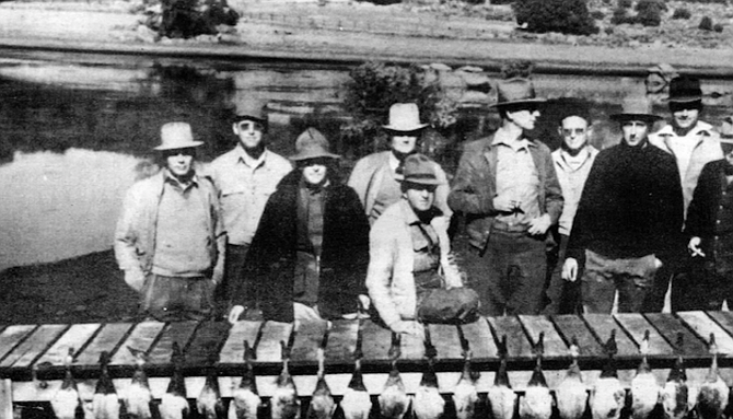 Corte Madera Lake, c. 1941 – 12 hunters, 120 ducks, (Wilbur Kelley seventh from left)