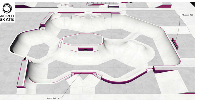 The schematics of the two skateboard courses in Tokyo are attributed to California Skateparks.