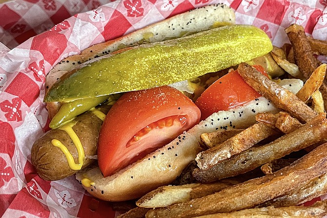 All the traditional toppings of a Chicago-style hot dog, but made with a vegan frankfurter