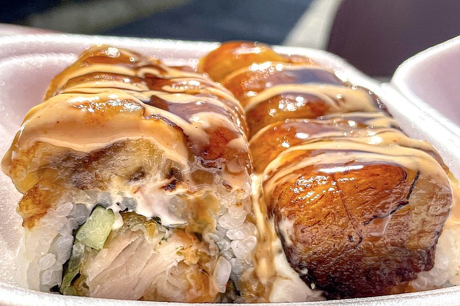 A different kind of sushi roll, the Pio Pio roll features tempura fried chicken (or shrimp) inside, fried banana on top.
