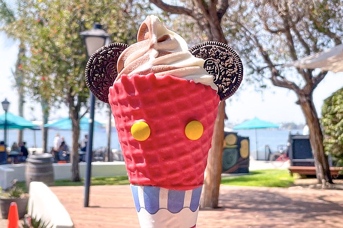 The "Mickey Mouse" cone, featuring red chocolate dipped cone and Oreo ears