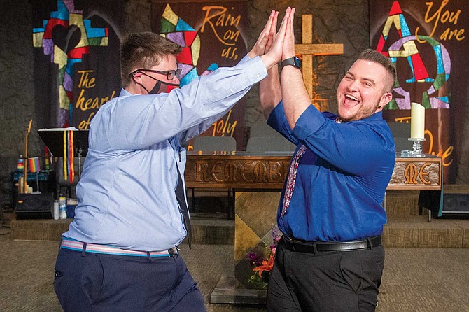 Shawn Burgh (right) found acceptance in the Bay Park Metropolitan Community Church, which accepted his identity (the pastor is transgender) and which fit his Christ-centered belief to a T.