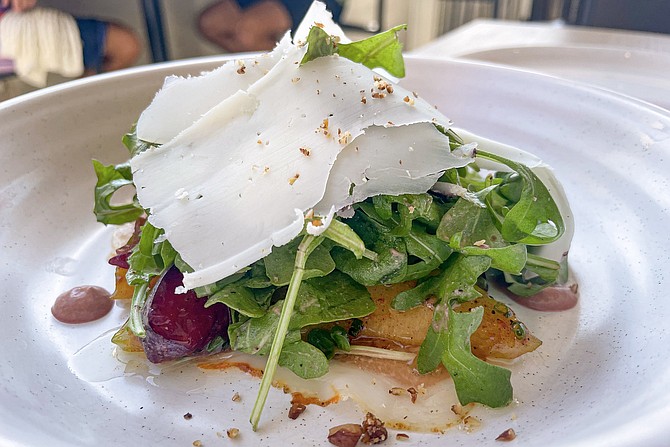 A first course of summer stone fruit salad, with miso-vinaigrette: on its own, well worth a visit