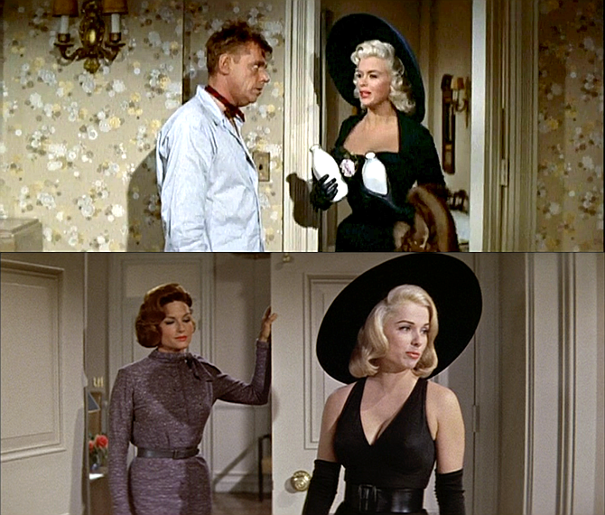 Edith Head can't help it if she borrowed a cup of inspiration from Charles Le Maire. Tom Ewell and Jayne Mansfield in "The Girl Can't Help It" and Martha Hyer in "The Carpetbaggers."